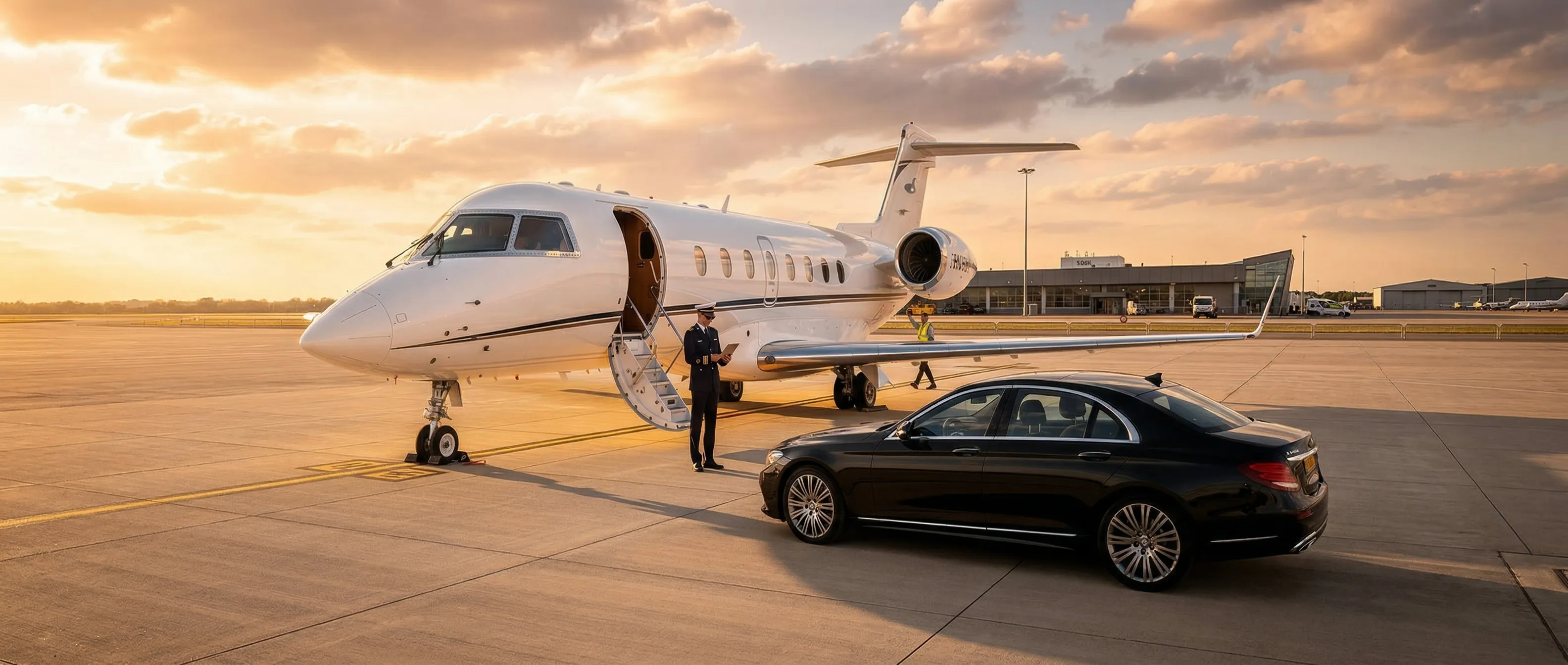 Private jet on tarmac with pilot and luxury car at sunset