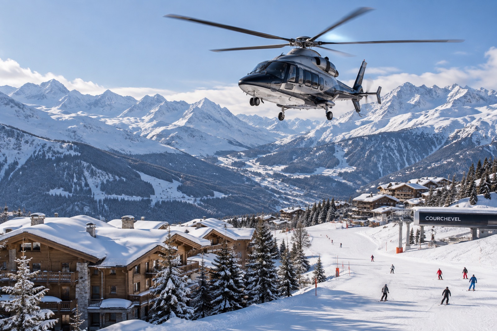 A twin-engine executive helicopter over the slopes and chalets of Courchevel in the afternoon sun