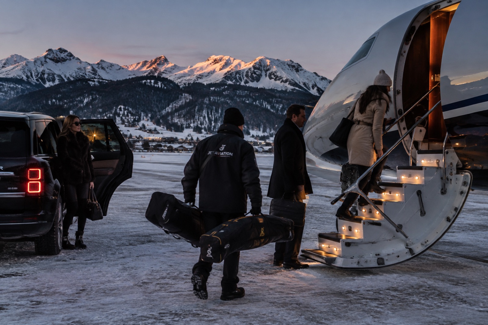 Passengers stepping from an SUV to the airstair of a business jet on a snowy Alpine ramp at dusk, a handler carrying the ski bags