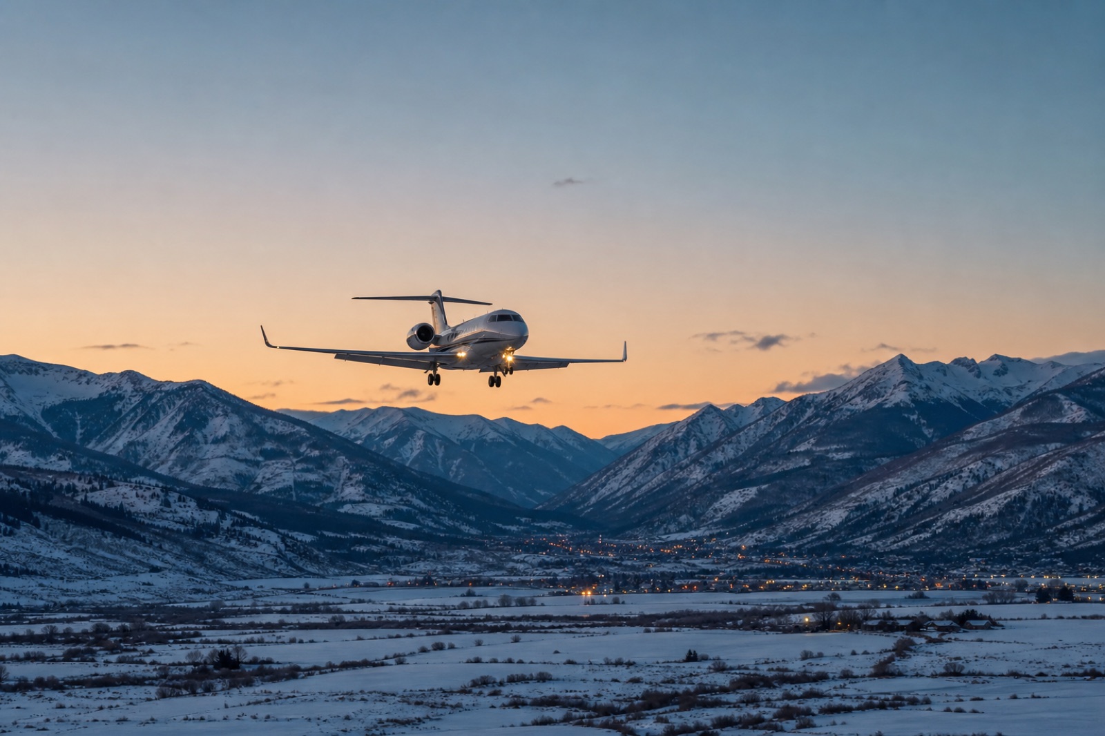 A business jet on final approach over a snowy Colorado valley at dusk, town lights below and ridgelines all around
