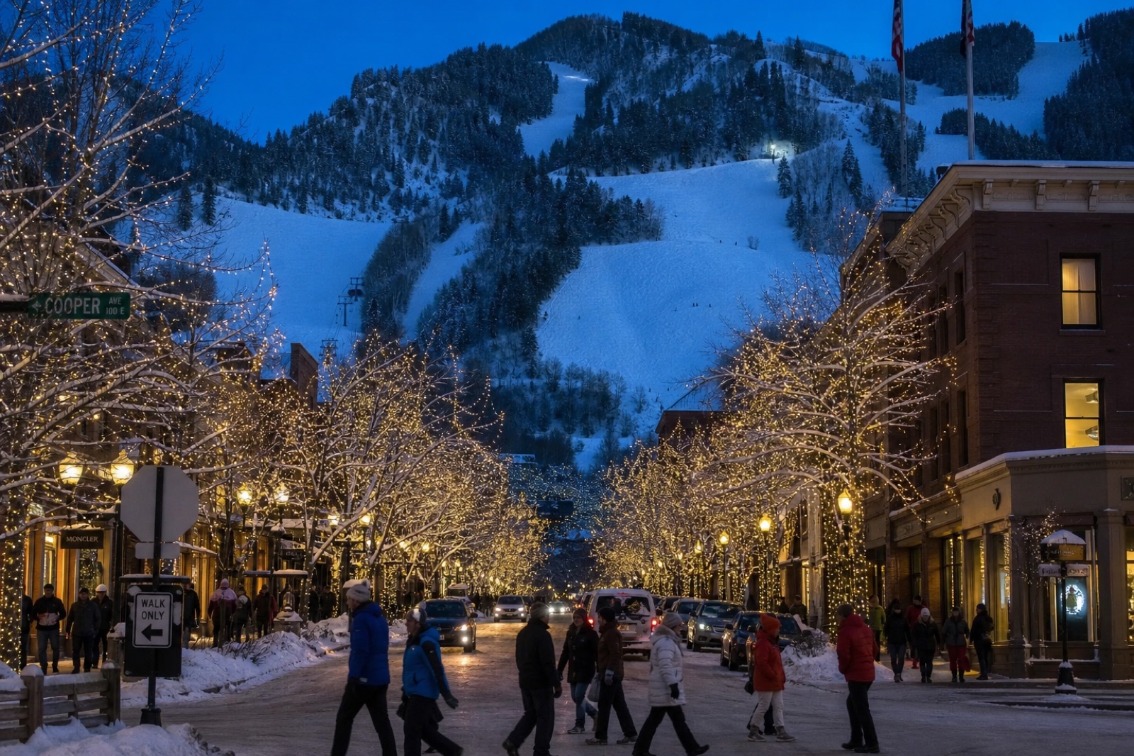Downtown Aspen at blue hour in December, holiday lights in the bare trees and the ski mountain rising at the end of the street