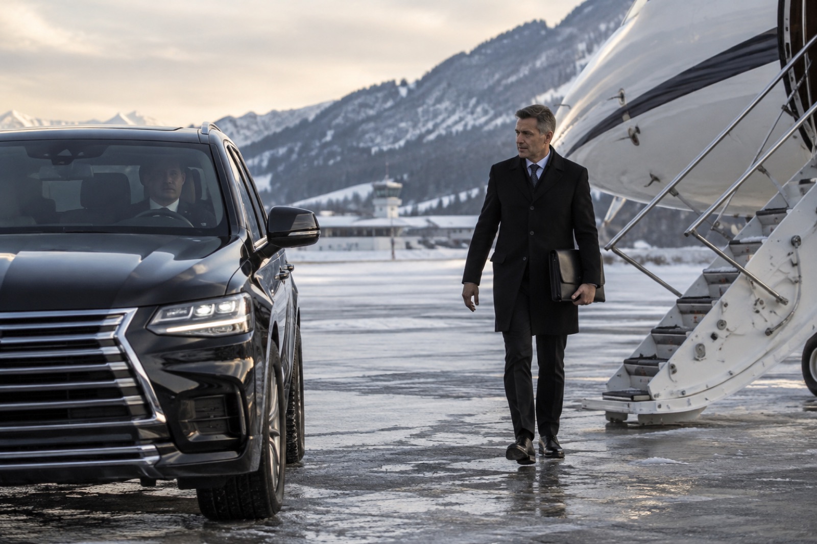 A chief of staff walking from the airstair of a business jet to a waiting SUV on a snowy Swiss ramp