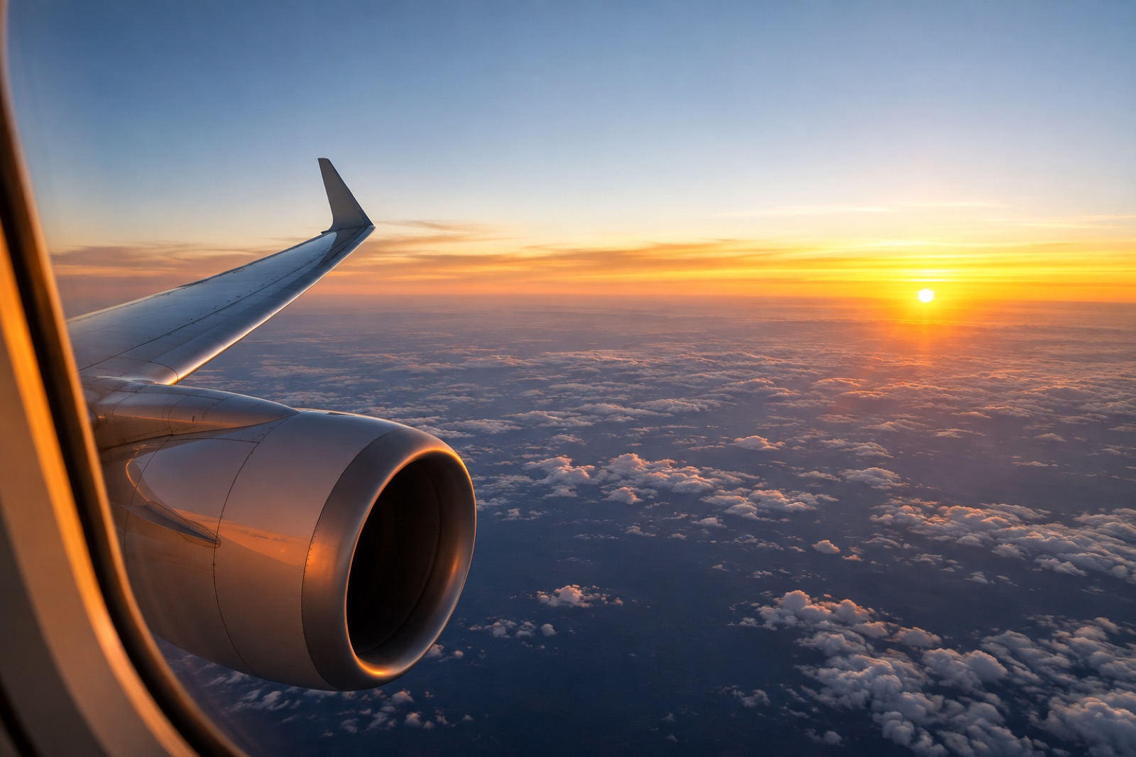 The wing and engine of a long-range business jet at cruise above the Atlantic at sunrise, seen from a cabin window, a cloud deck far below