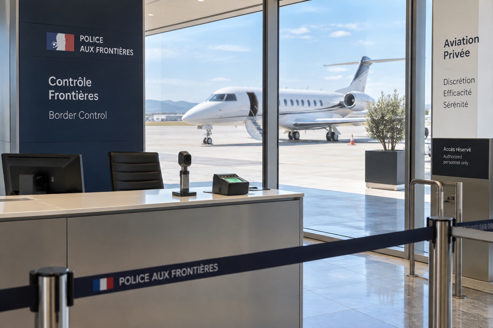 An empty border police desk inside a French private jet terminal, biometric camera and fingerprint reader on the counter, two business jets on the apron through the glass