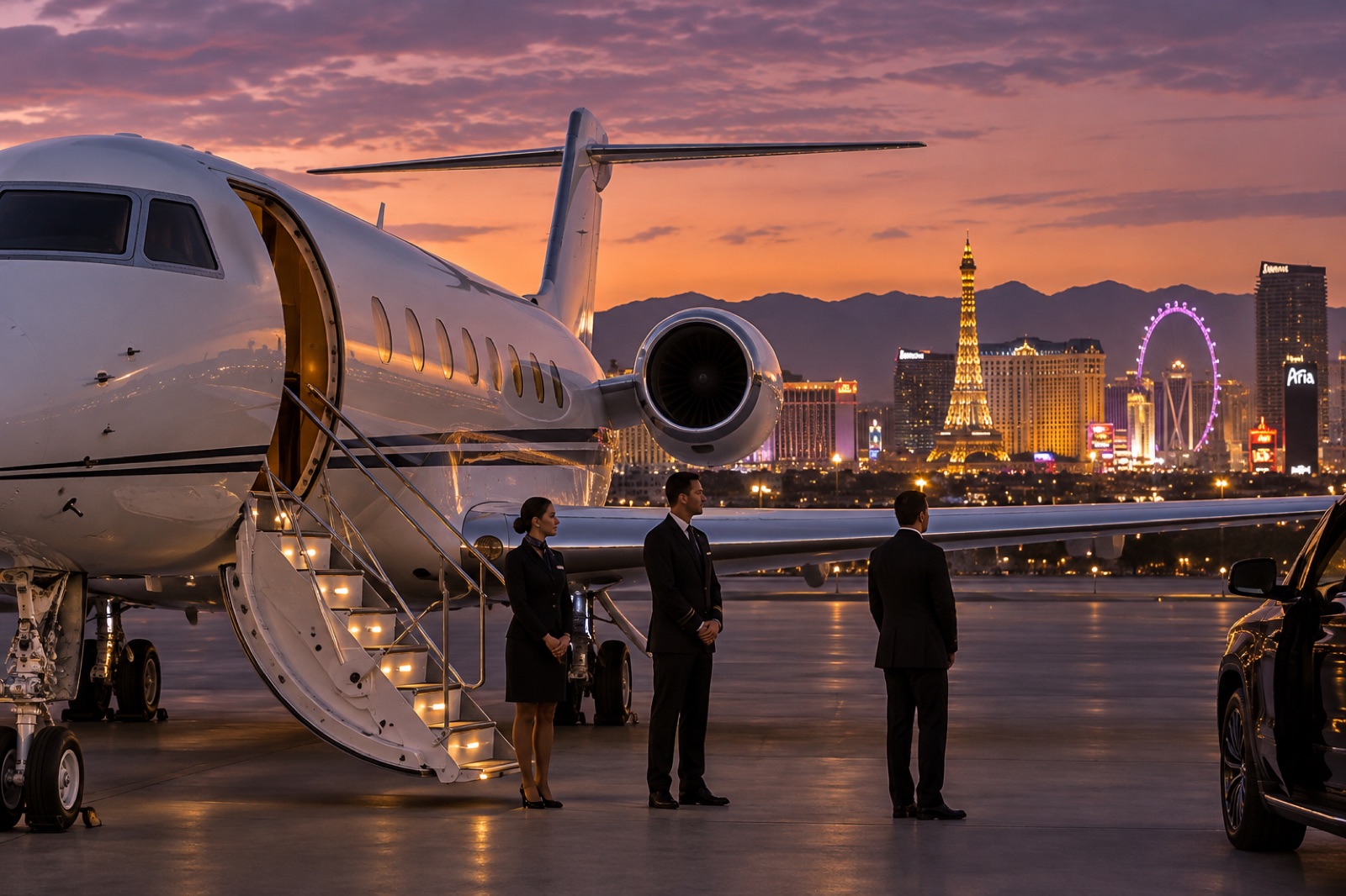 A long-range business jet on the ramp in Las Vegas just after sunset, crew waiting at the airstair, the Strip lit on the horizon