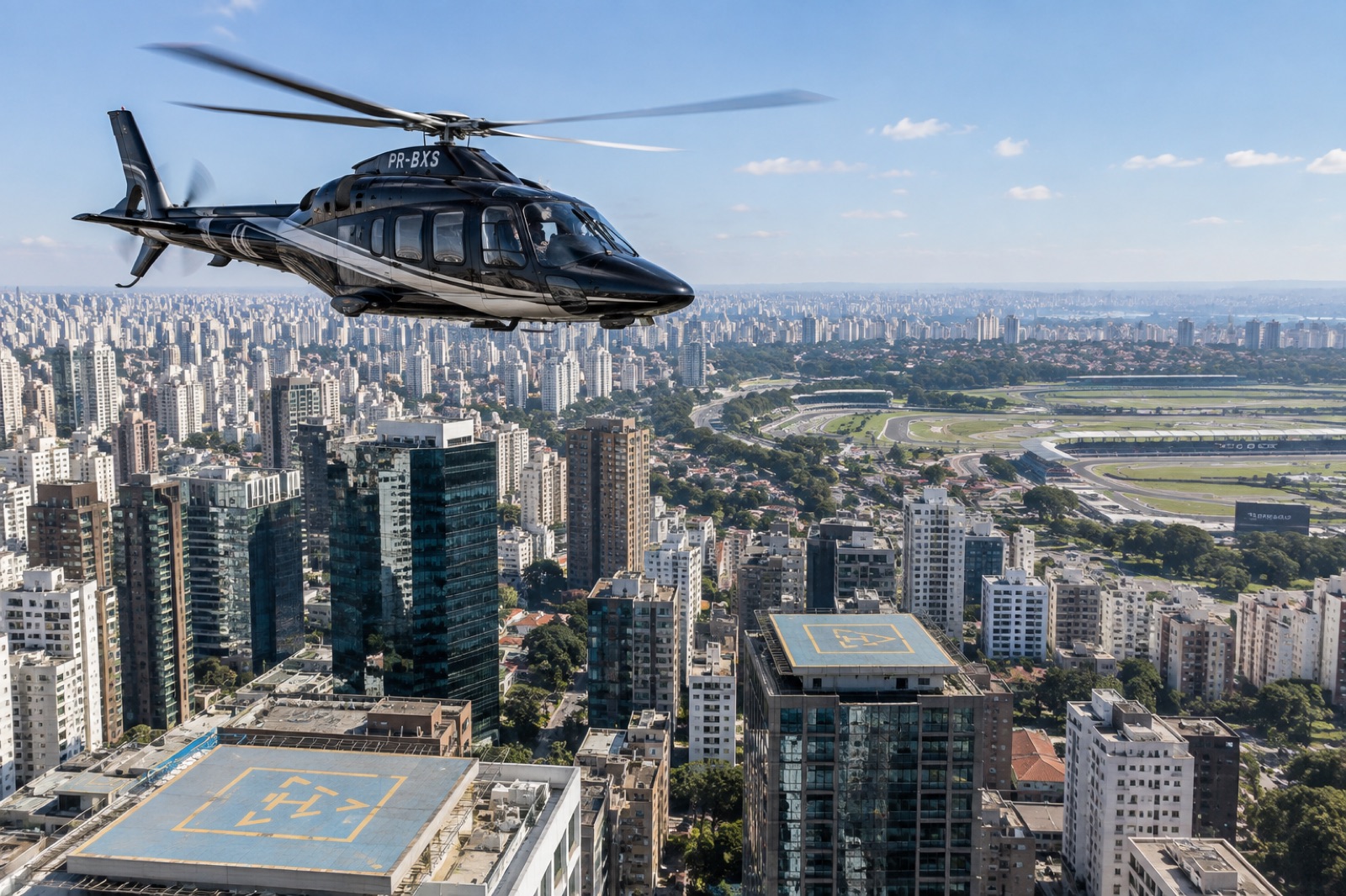 A twin-engine executive helicopter over the São Paulo skyline in afternoon light, rooftop helipads below