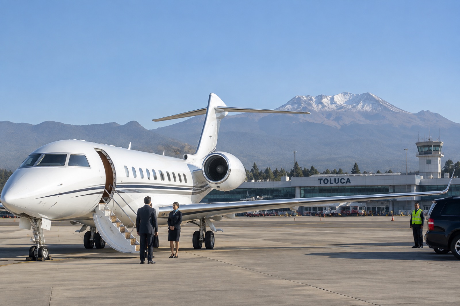A large-cabin business jet on the ramp at Toluca on a clear morning, the snow-dusted Nevado de Toluca behind it