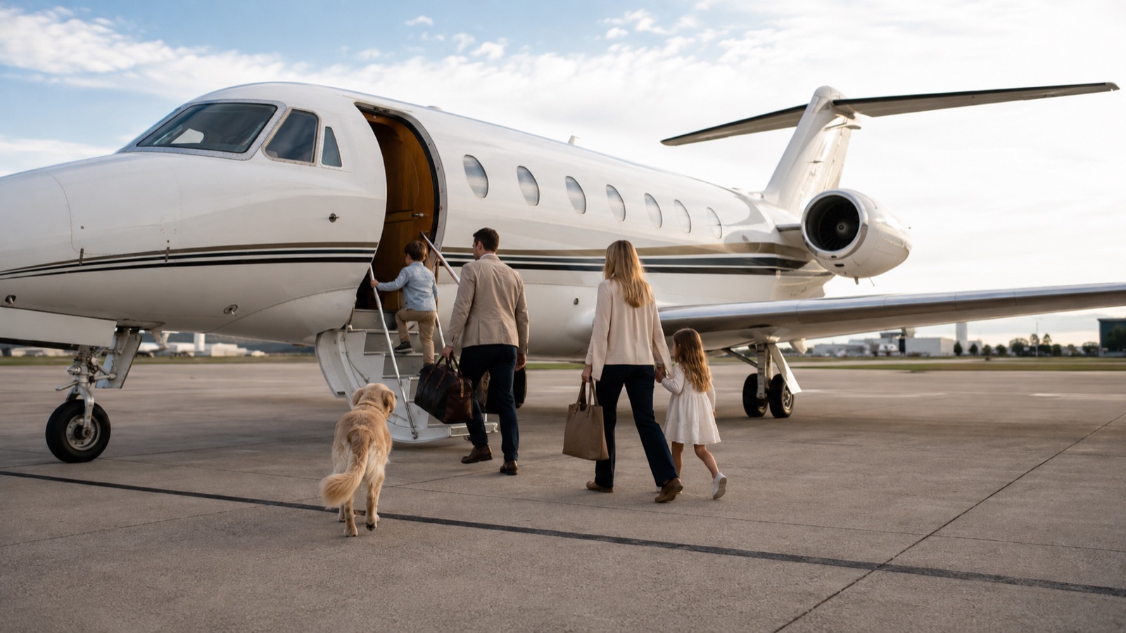 A family with luggage and a large dog boarding a private jet by the airstairs