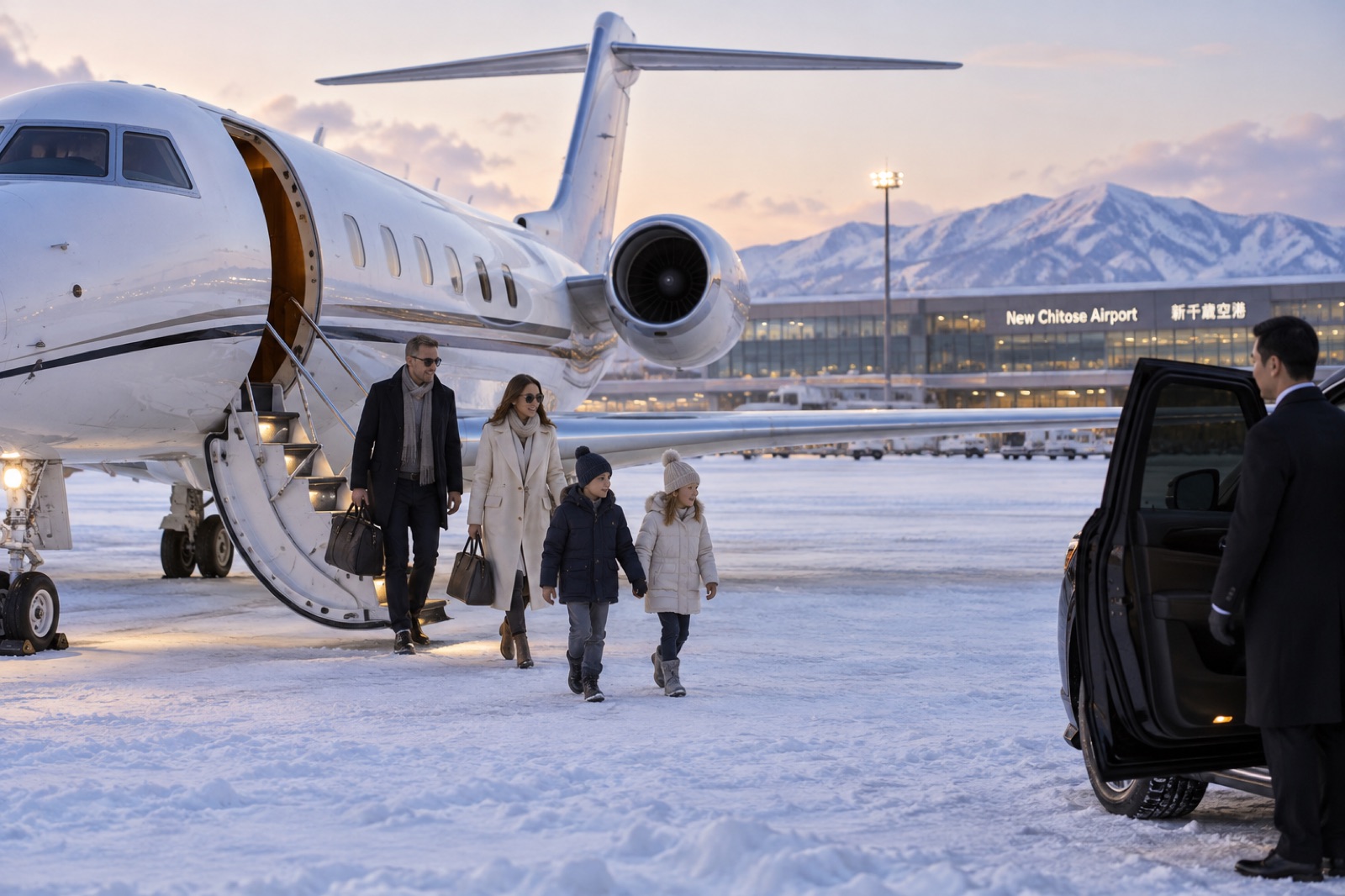 A family stepping off a large-cabin business jet onto the snowy ramp at New Chitose Airport, with a car waiting and mountains behind the terminal