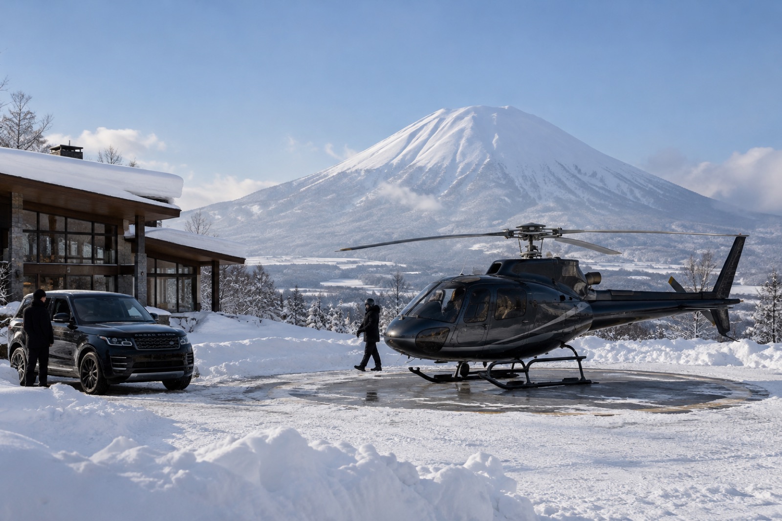 A helicopter waiting on a snow-cleared pad near Niseko, with a chalet, a black SUV and snow-covered Mount Yotei behind