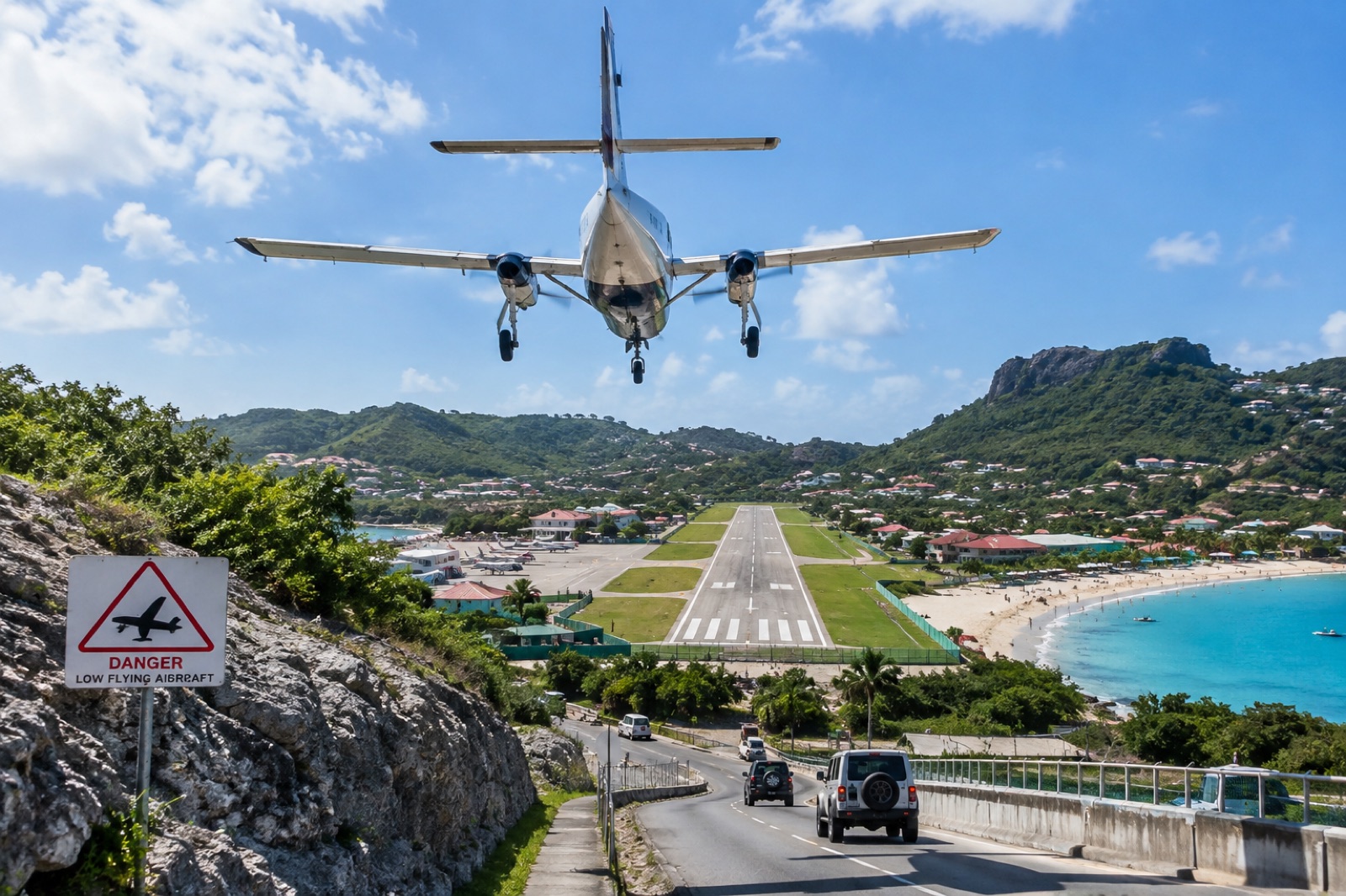 A twin-engine turboprop on short final into Gustaf III, descending steeply over the hill road toward the short runway that ends at St. Jean beach