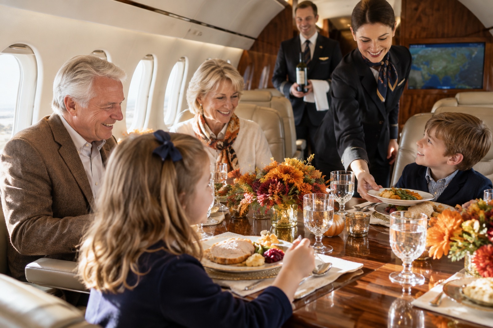 A multi-generation family dining together at a table set with autumn flowers in the cabin of a large private jet