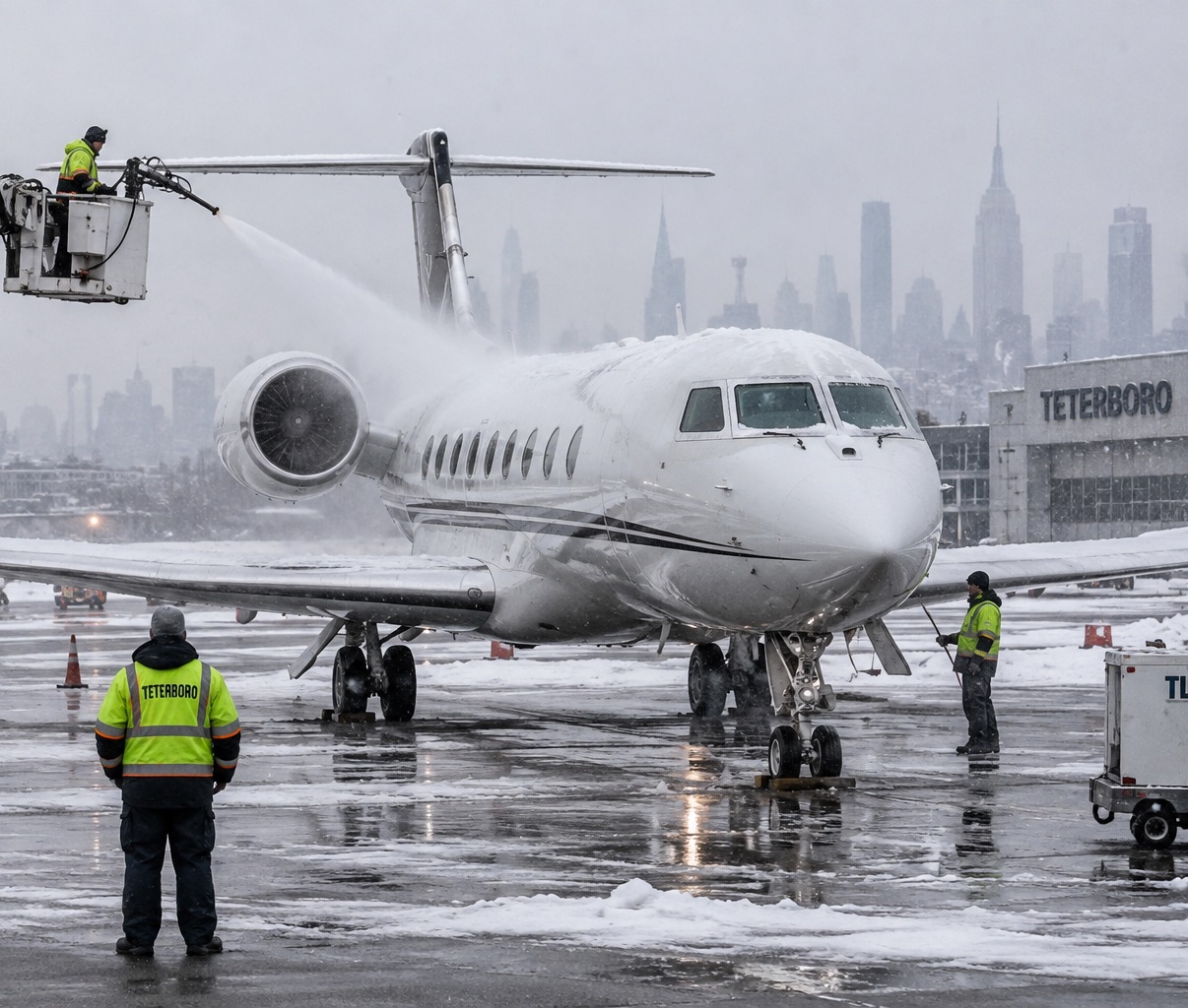 A large-cabin business jet being de-iced at Teterboro on a snowy late-November morning, with the Manhattan skyline in the distance