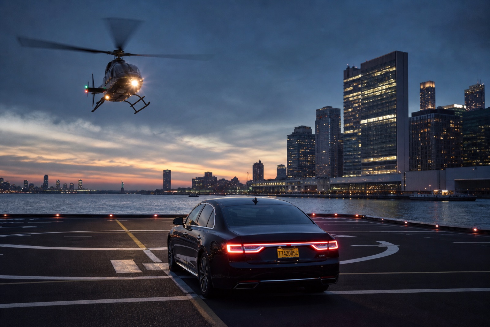 Helicopter approaching a riverside Manhattan heliport in the evening