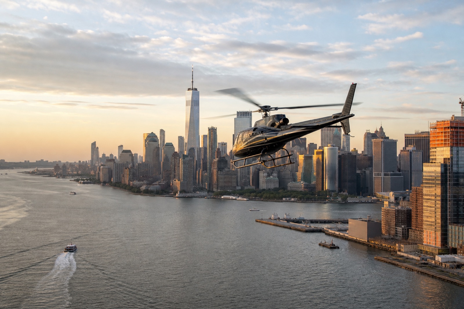 A helicopter crossing the East River toward Manhattan in late afternoon light
